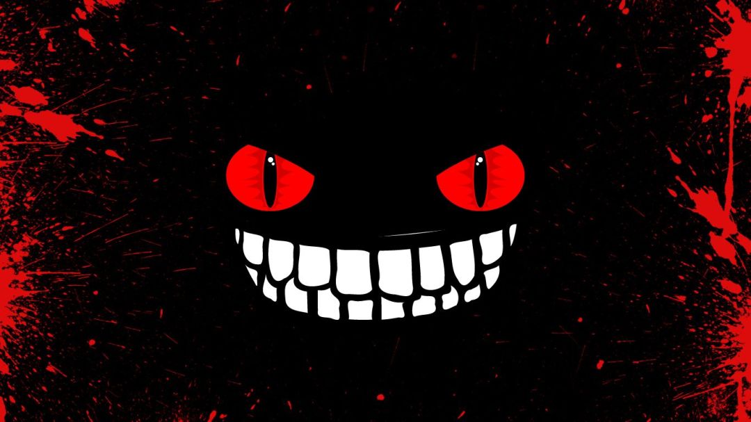 Black background with red eyes and creepy smile. Border is blood splatter