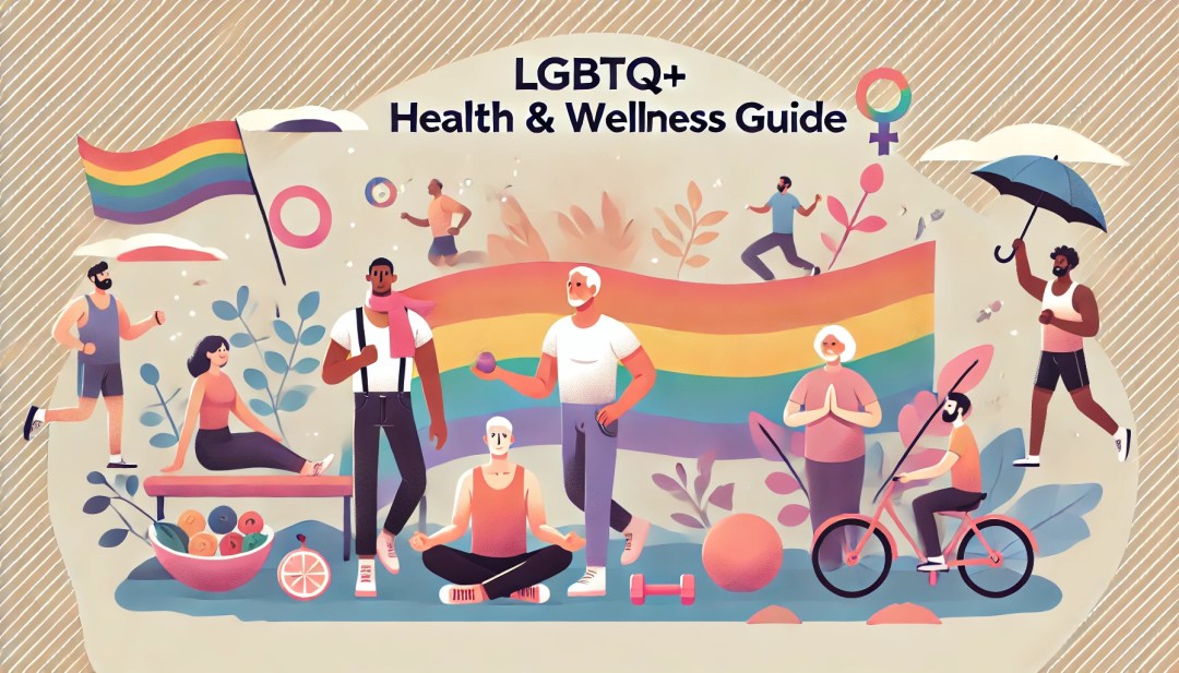 A diverse group of LGBTQ+ individuals, including older gay and bisexual men, engaging in healthy activities like jogging, meditating, and enjoying nutritious food. The background features soft, welcoming colors with subtle pride flag elements, symbolizing inclusivity. The text ‘LGBTQ+ Health & Wellness Guide’ is displayed in a clean, modern font.