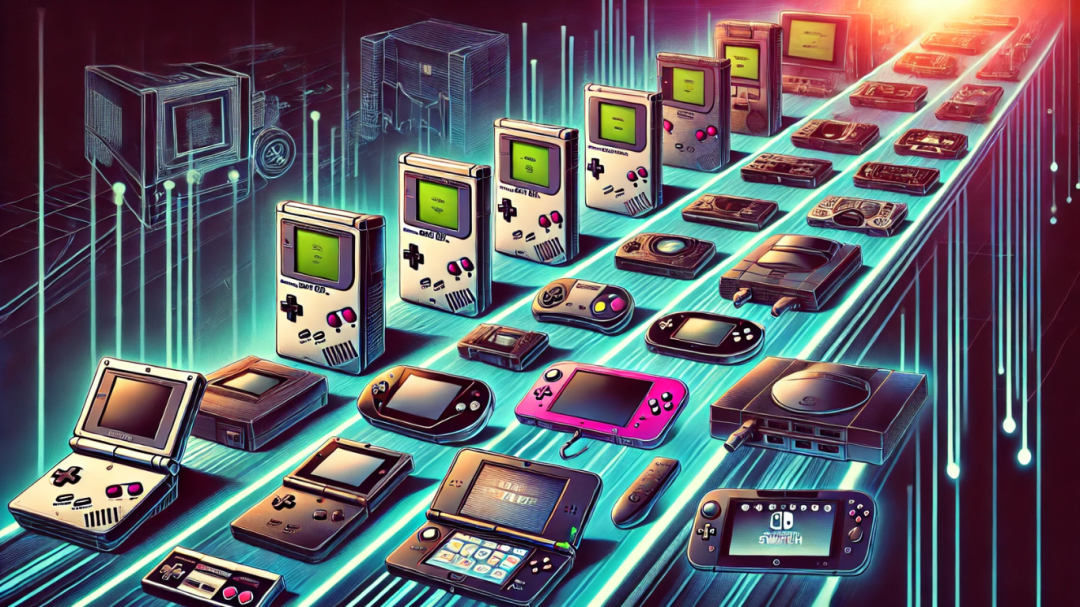 A digital illustration showcasing the evolution of handheld gaming consoles, from classic devices like the Game Boy and Sega Game Gear to modern systems like the Steam Deck and Nintendo Switch. The background transitions from a retro arcade-style setting to a futuristic gaming environment, highlighting the technological advancements in portable gaming. The consoles are arranged dynamically, emphasizing their unique designs and generational progression.