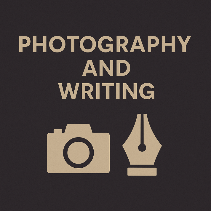 Minimalist charcoal square graphic with the words “Photography and Writing” and icons of a camera and fountain pen nib.