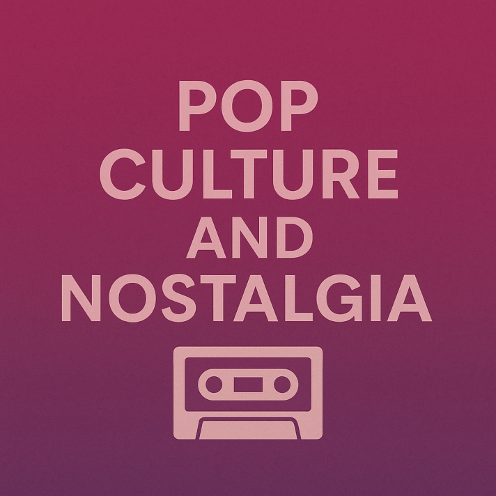 Minimalist purple-magenta square graphic with the words “Pop Culture and Nostalgia” and a cassette tape icon.
